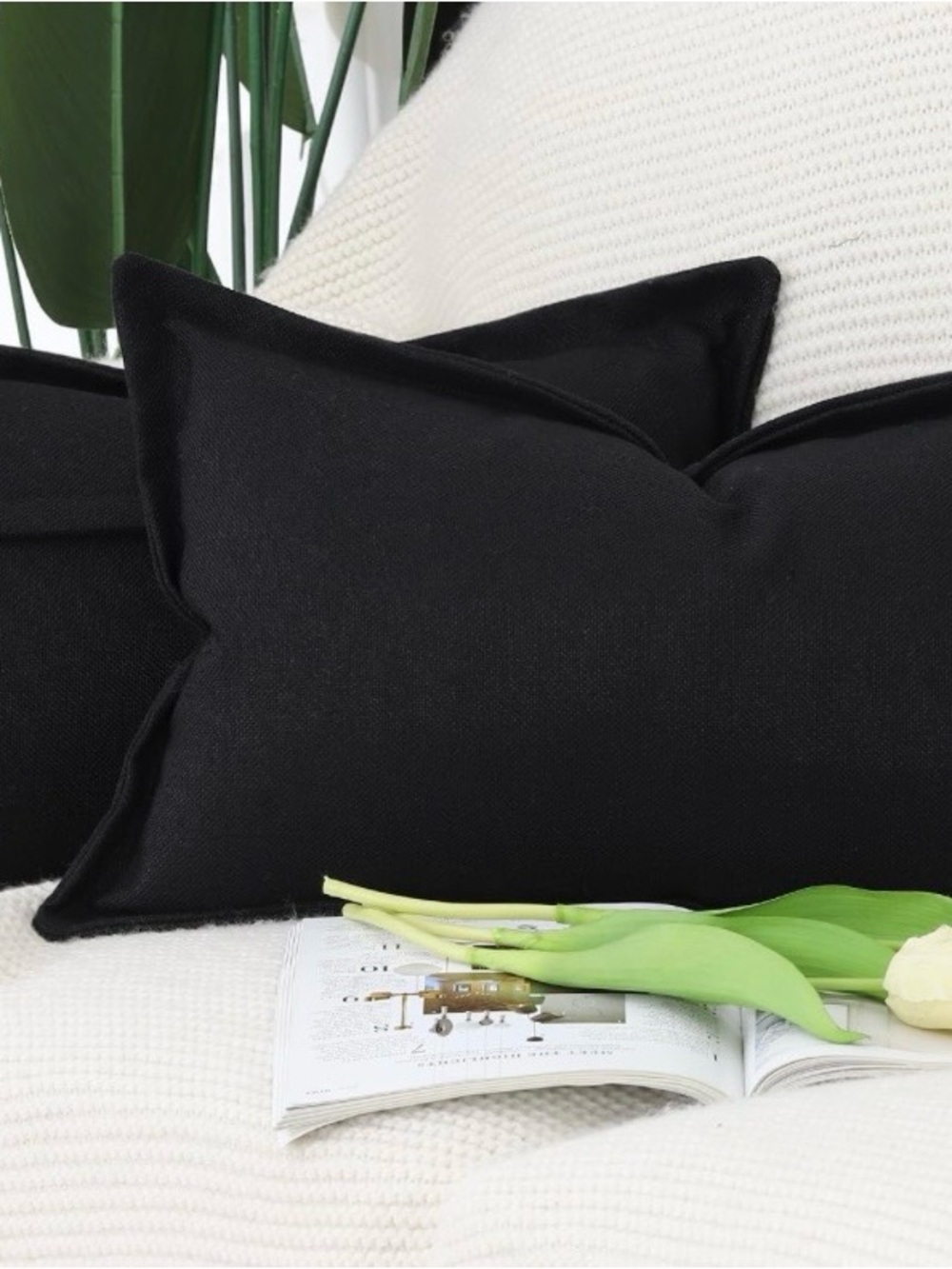 New Set Of 2 Linen Throw Pillow Covers black